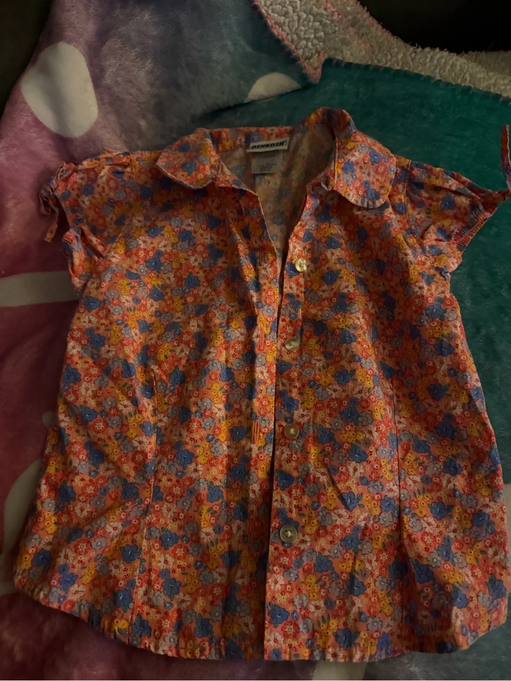OshKosh B'gosh Peach-Pink Floral button down shirt with Blue Flowers